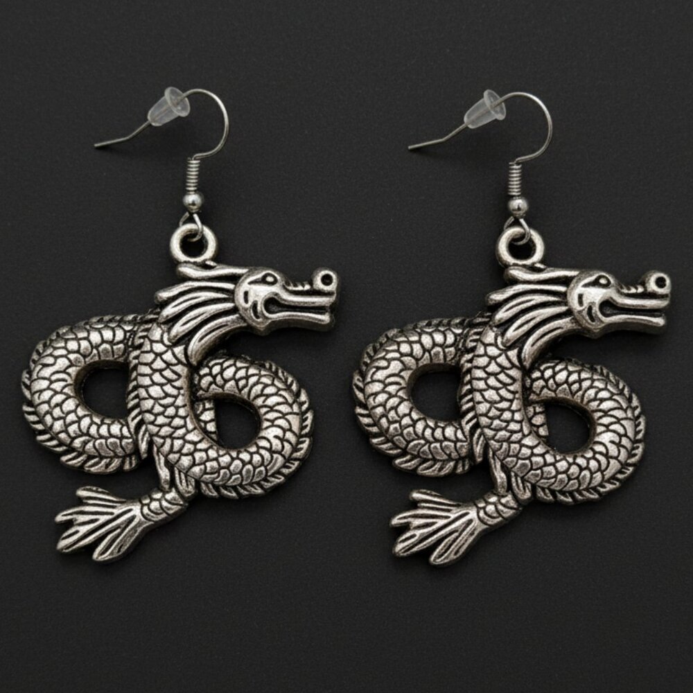 Silver Tone Dragon Statement Dangle Earrings